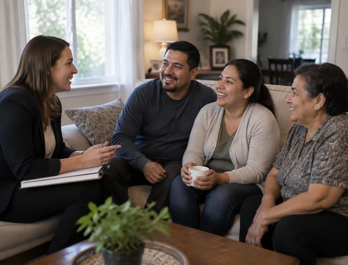 Priority Plus professional talking with a family at home