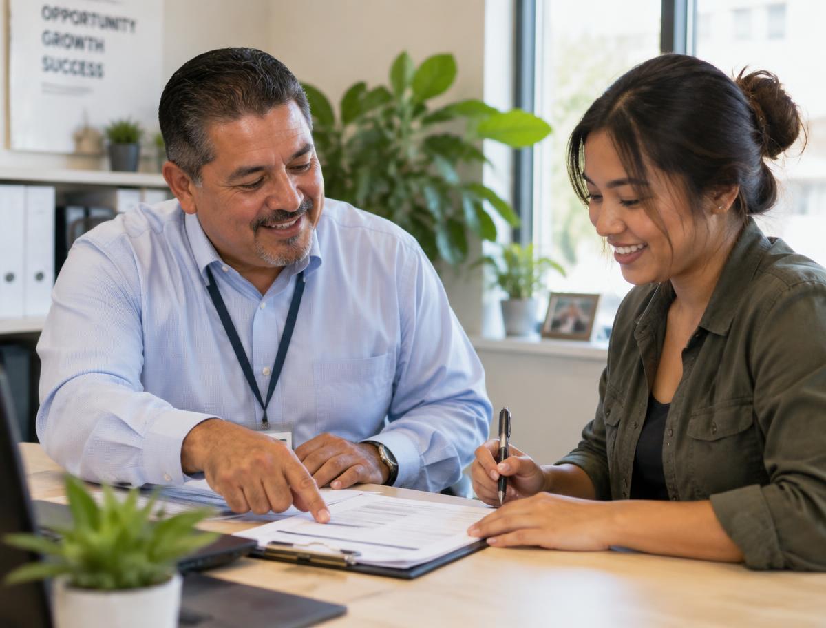 Coordinator helping an applicant with her job paperwork