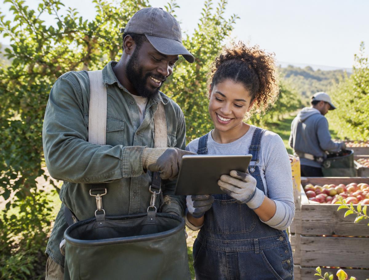 Farm crew supervisor and coworker reviewing the day plan in an orchard